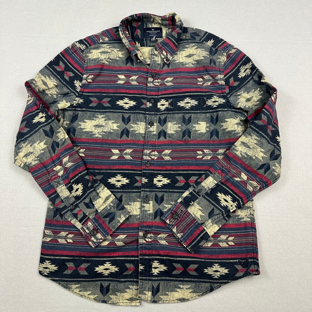 American Eagle Shirt Men Medium Blue Aztec Southwest Classic Fit Button Up M